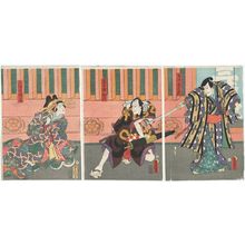 Utagawa Kunisada: Actors Seki Sanjûrô III as Torii Shinzaemon (R), Ichikawa Kodanji IV as Kurotegumi no Sukeroku (C), and Onoe Kikugorô IV as Miuraya Agemaki (L) - Museum of Fine Arts