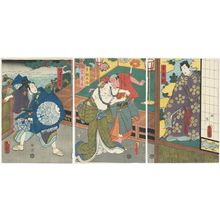 Utagawa Kunisada: Actors Onoe Kikugorô IV as Kanshôjô (R), Bandô Hikosaburô V as Sukune Tarô, Ichikawa Kodanji IV as Kakujuni (C), and Kawarazaki Gonjûrô I as Hangandai Terukuni (L) - Museum of Fine Arts