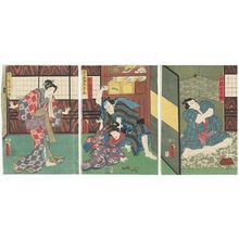 Utagawa Kunisada: Actors Ichikawa Kodanji IV as Kozaru Shichinosuke (R), Ichimura Uzaemon XIII as Shichinosuke's Younger Sister (Imôto) Onami, Asao Yoroku II as Kuraganoya Gohei (C), and Onoe Kikugorô IV as Goshuden Okuma (L) - Museum of Fine Arts