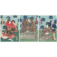 Utagawa Kunisada: Actors Nakamura Aizô I as the Lackey (Yakko) Aihei, Sawamura Tosshô II as Soga Jûrô Sukenari (R), Kataoka Nizaemon VIII as Kudô Saemon Suketsune (C), and Nakamura Fukusuke I as Soga Gorô Tokimune (L) - Museum of Fine Arts