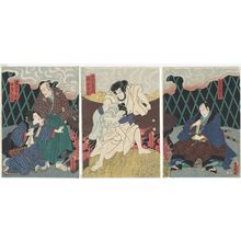 歌川国貞: Actors Sawamura Tosshô II as Iwaki Tôma (R), Onoe Waichi II as Ishikawa Goemon, Sawamura Yoshijirô I as His Son (Segare) Goroichi (C), Seki Sanjûrô III as Iwaki Hyôbu, and Iwai Kumesaburô III as His Wife (Nyôbô) Oritsu (L) - ボストン美術館