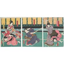 Utagawa Kunisada: Actors Nakamura Ganpachi I as Okujochû Itamino, Iwai Kumesaburô III as Heyagata Hatsu (R), Kataoka Nizaemon VIII as Tsubone Iwafuji (C), Ichikawa Dannosuke V as Chûrô Onoe, and Ôtani Tokuji II as Okujochû Sugatami (L) - Museum of Fine Arts