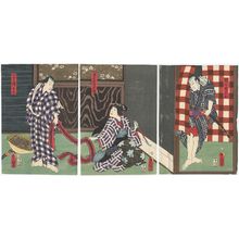 Utagawa Kunisada: Actors Nakamura Fukusuke I as Danshichi Kurobei (R), Ichikawa Shinsha I as Danshichi's wife Okaji (C), and Ichikawa Ichizô III as Issun Tokubei (L) - Museum of Fine Arts