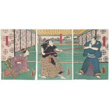 Utagawa Kunisada: Actors Kataoka Nizaemon VIII as Karaki Masaemon (R), Nakamura Fukusuke I as Honda Dainaiki (C), and Onoe Kikugorô IV as Masaemon's wife Otani (L) - Museum of Fine Arts