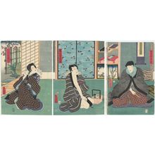 Utagawa Kunisada: Actors Seki Sanjûrô III as the Poetry Teacher (Haikaishi) Hakuren (R), Ichikawa Kodanji IV as Oniazami Seikichi (C), and Iwai Kumesaburô III as Izayoi Osayo (L) - Museum of Fine Arts