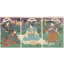 Utagawa Kunisada: Actors Sawamura Tosshô II as Kageyama Shigenojô (R), Kawarazaki Gonjûrô I as Yaegaki Monzô (C), Iwai Kumesaburô III as Budayû's Daughter (Musume) Oryû, and Ichikawa Kodanji IV as Tsumaki Itsunoshin (L) - Museum of Fine Arts