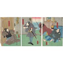 歌川国貞: Actors Ichikawa Kodanji IV as Farmer (Hyakushô) Yasaku (R), Kawarazaki Gonjûrô I as Senzaki Yagorô (C), and Onoe Kikugorô IV as Yasaku's Wife (Nyôbô) Okayo (L) - ボストン美術館