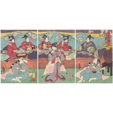 Utagawa Kunisada: Actors Ichikawa Ichizô III, Onoe Waichi I (R), Ichikawa Dannosuke V, Ichikawa Shinsha I, Arashi Hinasuke VII (C), Ichikawa Kuzô III, Nakamura Fukusuke I, and Sawamura Tanosuke III (L) in Gojûsan tsugi, Hinamatsuri - Museum of Fine Arts