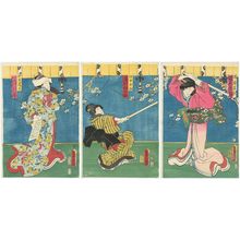 Utagawa Kunisada: Actors Bandô Hikosaburô V as Tsubone Iwafuji (R), Sawamura Tanosuke III as Jijo Ohatsu (C), Sawamura Tosshô II as Chûrô Onoe (L) - Museum of Fine Arts