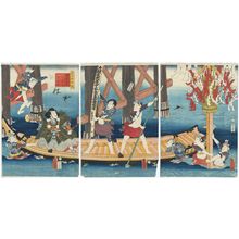 Utagawa Kunisada: Parody of Benkei in the Boat (Mitate Funa Benkei): Actors Ichimura Uzaemon XIII, Onoe Baikô 4.5?, Onoe Waichi II (R), Nakamura Fukusuke I, Ichikawa Kodanji IV (C), Kawarazaki Gonjûrô I, Ichikawa Ichizô III, and Ichikawa Kuzô III (L) - Museum of Fine Arts