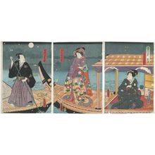 日本版画 "Actors Arashi Hinasuke VII as Ittô's Wife (Tsuma) Shimoyo (R), Sawamura Tanosuke III as Ittô's Daughter (Musume) Miyuki (C), and Ichikawa Ichizô III as Miyagi Asojirô (L)" 由 Utagawa Kunisada, 歌川国貞 (Utagawa Kunisada I (Toyokuni III)) 创作