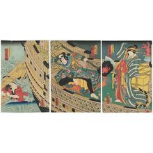 Utagawa Kunisada: Actors Iwai Kumesaburô III as Hakata Kojorô (R), Seki Sanjûrô III as Kezori Kuemon (C), and Bandô Hikosaburô V as Komatsuya Sôshichi (L) - Museum of Fine Arts