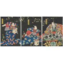 Utagawa Kunisada: Actors Kataoka Nizaemon VIII as Kudô Suketsune (R), Bandô Hikosaburô V as Jûrô Sukenari (C), and Iwai Kumesaburô III as Gorô Tokimune (L) - Museum of Fine Arts