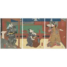 Utagawa Kunisada: Actors Iwai Kumesaburô III as Shirokiya Okoma (R), Nakamura Fukusuke I as Yaegushi Saizô (C), and Sawamura Tosshô II as Shirokiya Sajirô (L) - Museum of Fine Arts