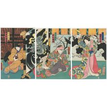 日本版画 "Actors Bandô Hikosaburô V as Tsubone Iwafuji (R), Sawamura Tosshô II as Chûrô Onoe (C), Sawamura Tanosuke III as Jijo Ohatsu (L)" 由 Utagawa Kunisada, 歌川国貞 (Utagawa Kunisada I (Toyokuni III)) 创作