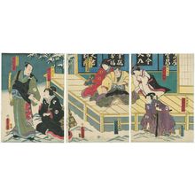 歌川国貞: Actors Sawamura Tanosuke III as Ôboshi Rikiya, Sawamura Tosshô II as Daughter Konami (R), Bandô Kamezô I as Kakogawa Honzô, Bandô Hikosaburô V as Wife Tonase (C), Ichikawa Dannosuke V as Wife Oishi, & Kataoka Nizaemon VIII as Ôboshi Yuranosuke (L) - ボストン美術館