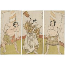 勝川春章: Actors Sakata Hangorô II (Sankyô) as Kujaku Saburô (R), Ichikawa Danjûrô V (Sanshô) as Godai Saburô (C), and Nakamura Sukegorô (Gyoraku) as Midaregami Gunzô (L) - ボストン美術館