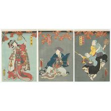 Utagawa Kunisada: Actors Nakamura Enjaku as Deshi Nitchô, Bandô Mitsugorô VI as Deshi Nichizô (R), Ichikawa Danzô VI as Daijin, actually Nichiren Shônin (C), and Nakamura Fukusuke I as Nanazato-hime (L) - Museum of Fine Arts