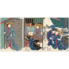 Utagawa Kunisada: Scene of the Temporary Quarters of the New Yoshiwara (Shin Yoshiwara karitaku kôkei), right sheet; Summer, from Amusements of the Four Seasons (Shiki asobi no uchi, natsu), left sheet - Museum of Fine Arts
