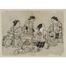 Estampe japonaise "Two women playing samisen, two others listen" par Okumura Masanobu, 奥村政信 (Okumura Masanobu)