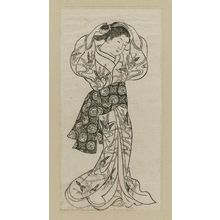 Nishikawa Sukenobu: Girl standing arranging her hair. Ink. From Ehon Asakayama, left side of double page 8 - Museum of Fine Arts