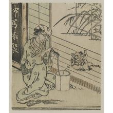 Suzuki Harunobu: Old women twisting threads; cat on veranda - Museum of Fine Arts
