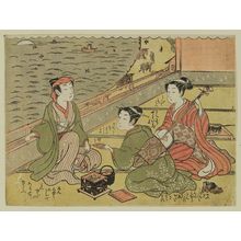 Isoda Koryusai: Yujo serving tea to man, attendant playing samisen; Maneemon - Museum of Fine Arts
