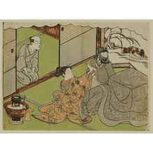 Suzuki Harunobu: Woman Holding Wrist of Man with a Hood over His Head and Face - Museum of Fine Arts