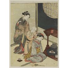 Suzuki Harunobu: Night Rain of the Tea Stand, from the series Eight Views of the Parlor (Zashiki hakkei) - Museum of Fine Arts