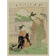 Suzuki Harunobu: Young Couple with Lucky New Year Dream Symbols: Mount Fuji, Falcon, and Eggplant - Museum of Fine Arts