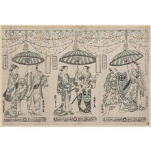 Torii Kiyonobu II: Actors Sawamura Kodanji and Ôtani Hiroji (R); Ichimura Uzaemon VIII and Segawa Kikunojô (C); Ogino Isaburô and Segawa Kichijirô (L); from the series Twenty-four Pairs of Actors Sharing Umbrellas (Yakusha aigasa nijûshi tsui) - Museum of Fine Arts