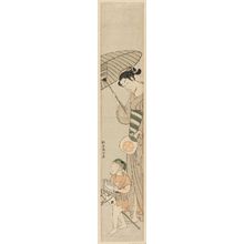 Suzuki Harunobu: Boy Riding Hobby Horse, Fanned by Woman with Parasol - Museum of Fine Arts