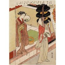 Suzuki Harunobu: Wild Pinks: The Rokô Girl (Rokô musume, nadeshiko), from the series Beauties of the Floating World Compared to Flowers (Ukiyo bijin yosebana) - Museum of Fine Arts