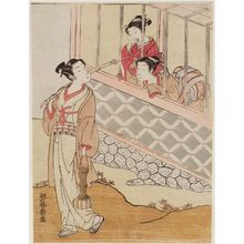 Isoda Koryusai: Young Man with Fishing Pole and Two Girls at a Window - Museum of Fine Arts