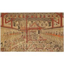 奥村政信: Large Perspective Picture of a Kaomise Perfomance on the Kabuki Stage (Shibai kyôgen butai kaomise ô-uki-e) - ボストン美術館