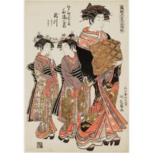 磯田湖龍齋: Takigawa of the Tamaya in Edo-machi Nichôme, kamuro Kochô and Kiyosa, from the series Models for Fashion: New Year Designs as Fresh as Young Leaves (Hinagata wakana no hatsu moyô) - ボストン美術館