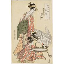 Kitagawa Utamaro: The Immortal Lin Heqing, represented by Somenosuke of the Matsubaya, kamuro Wakagi and Wakaba (Rinnasei, Matsubaya uchi Somenosuke, Wakagi, Wakaba), from the series Eight Immortals in the Art of Love (Enchû hassen) - Museum of Fine Arts