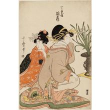 Kitagawa Utamaro: Hinazuru of the Chôjiya, from an untitled series of courtesans arranging flowers - Museum of Fine Arts