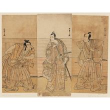 勝川春章: Actors Sawamura Sôjûrô III as Soga no Jûrô Sukenari (R), Ichikawa Danjûrô V as Kudô Suketsune (C), and Ichikawa Yaozô III as Soga no Gorô Tokimune (L) - ボストン美術館