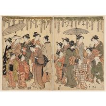 Katsukawa Shuncho: Procession of Students Offering a Votive Tablet to a Shrine under a Wisteria Trellis - Museum of Fine Arts