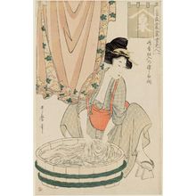 Kitagawa Utamaro: Suited to Dyed Stripes Stocked by Shimaya (Shimaya shi-ire no some-jima muki), from the series Summer Outfits: Beauties of Today (Natus ishô tôsei bijin) - Museum of Fine Arts