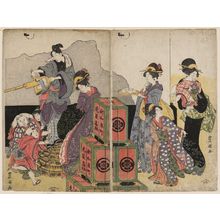 Utagawa Toyokuni I: Man, Woman, and Children near Boxes - Museum of Fine Arts