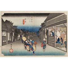 Utagawa Hiroshige: Goyu: Women Stopping Travellers (Goyu, tabibito tomeru onna), from the series Fifty-three Stations of the Tôkaidô Road (Tôkaidô gojûsan tsugi no uchi), also known as the First Tôkaidô or Great Tôkaidô - Museum of Fine Arts