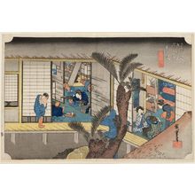 Utagawa Hiroshige: Akasaka: Inn with Serving Maids (Akasaka, ryosha shôfu no zu), from the series Fifty-three Stations of the Tôkaidô (Tôkaidô gojûsan tsugi no uchi), also known as the First Tôkaidô or Great Tôkaidô - Museum of Fine Arts