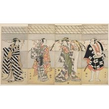 Katsukawa Shun'ei: Actors, from right: Sakata Hangorô III as Akazawa Junai; Segawa Kikunojô III as Ôiso no Tora; Ichikawa Monnosuke as Soga no Jûrô; Nakayama Tomisaburô as Miura no Katagai - Museum of Fine Arts