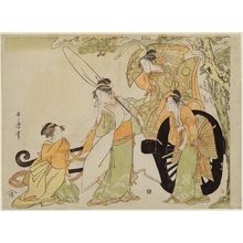 Japanese Print "Four Beauties in a Parody of the Carriage-pulling Scene (Kurumabiki)" by Kitagawa Utamaro, 喜多川歌麿 (Kitagawa Utamaro I)