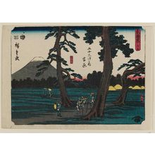 Utagawa Hiroshige: No. 15 - Yoshiwara: Former Market Site, Fuji Seen from the Left (Moto ichiba, hidari Fuji), from the series The Tôkaidô Road - The Fifty-three Stations (Tôkaidô - Gojûsan tsugi no uchi) - Museum of Fine Arts