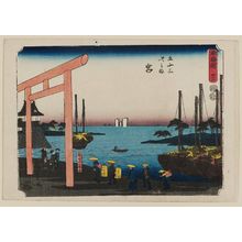 歌川広重: No. 41 - Miya: Gate of the Atsuta Shrine (Atsuta no torii), from the series The Tôkaidô Road - The Fifty-three Stations (Tôkaidô - Gojûsan tsugi no uchi) - ボストン美術館