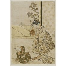 鈴木春信: Woman with a Demon Mask Teasing a Child - ボストン美術館