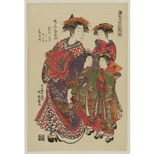 磯田湖龍齋: Hanaôgi of the Ôgiya, kamuro Yoshino and Yayoi, and shinzô Hanazono, from the series Models for Fashion: New Year Designs as Fresh as Young Leaves (Hinagata wakana no hatsu moyô) - ボストン美術館